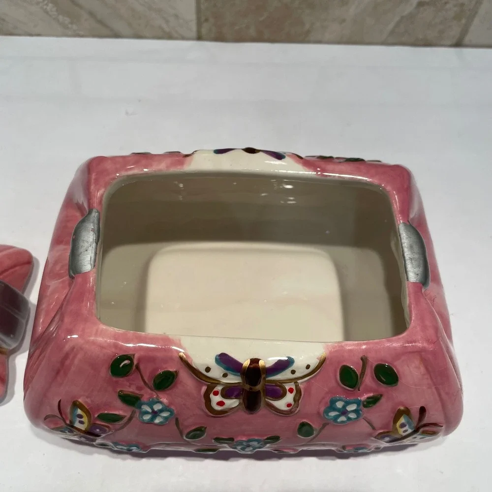 Pink Ceramic Butterfly Handbag Trinket Box Floral Decorative Davids Cookies